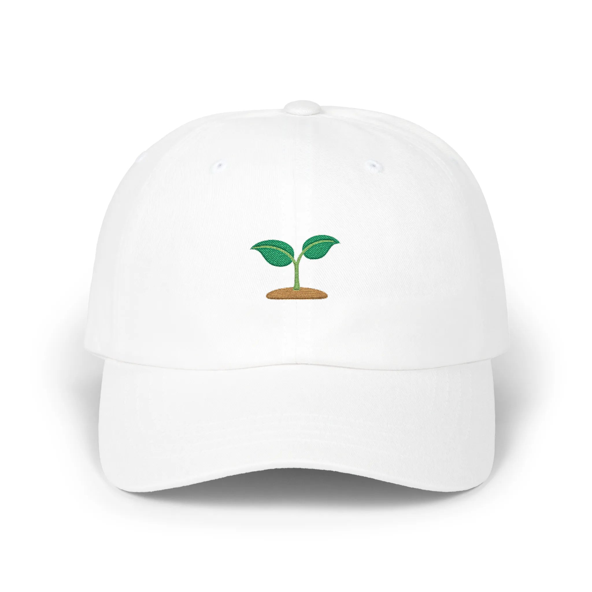 White seedling baseball cap, front view with small green sprout embroidery above brown soil