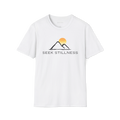 White Seek Stillness t-shirt, front view with mountain line art and rising sun graphic.