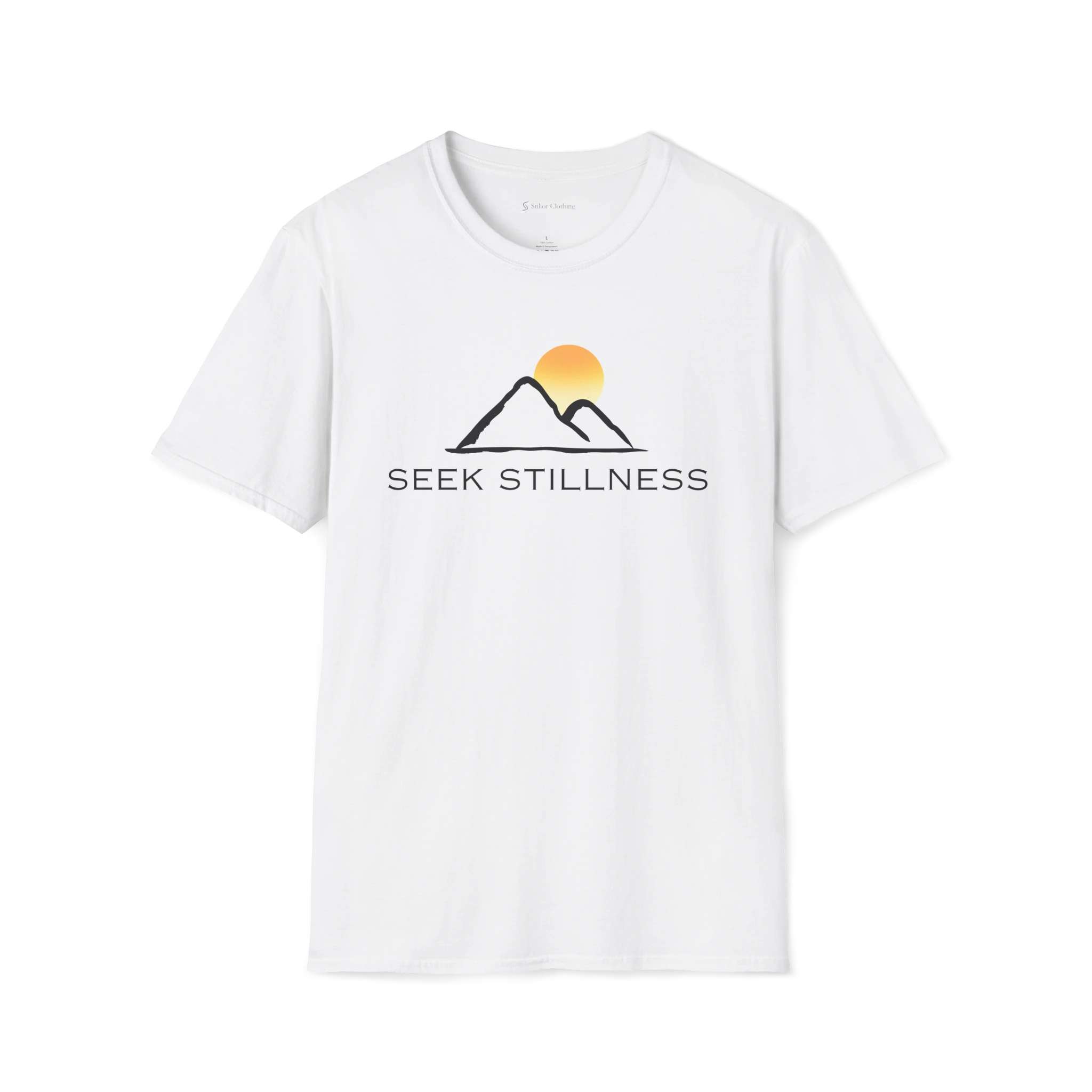 White Seek Stillness t-shirt, front view with mountain line art and rising sun graphic.