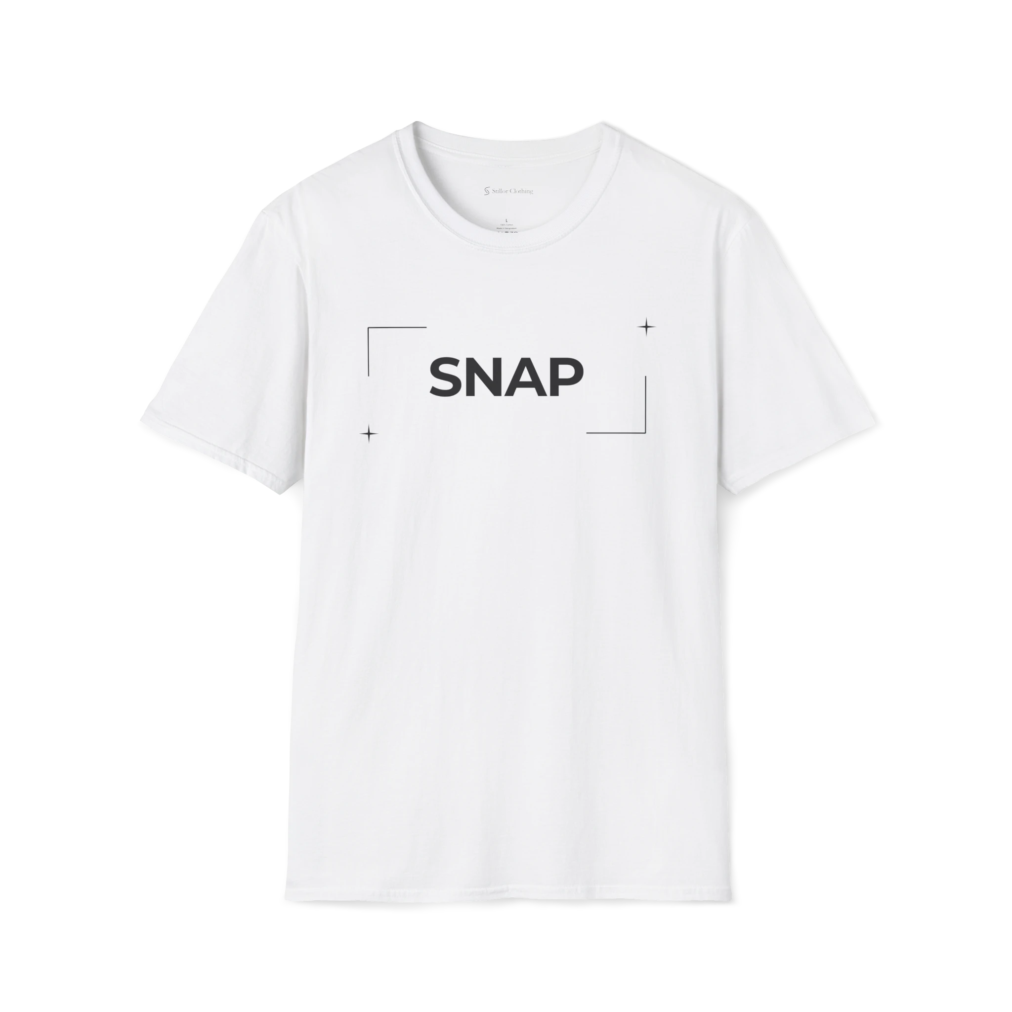 White Snap t-shirt, front view with black SNAP text, camera focus corners, and small star accents