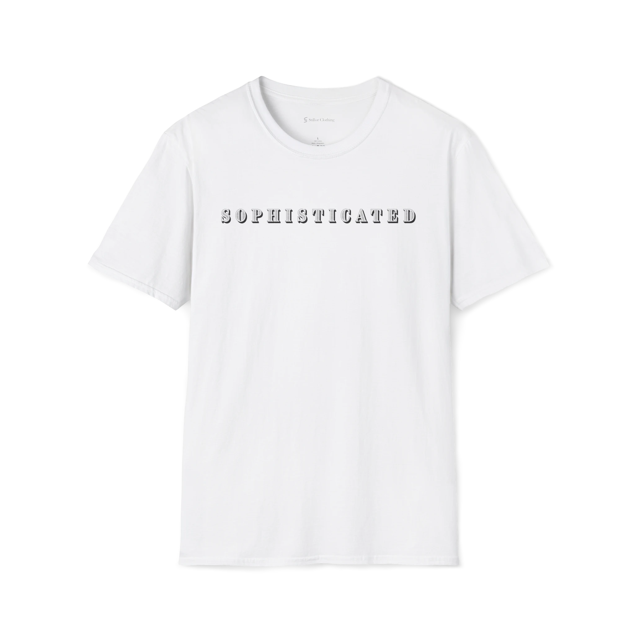 White Sophisticated t-shirt, front view with centered serif wordmark design