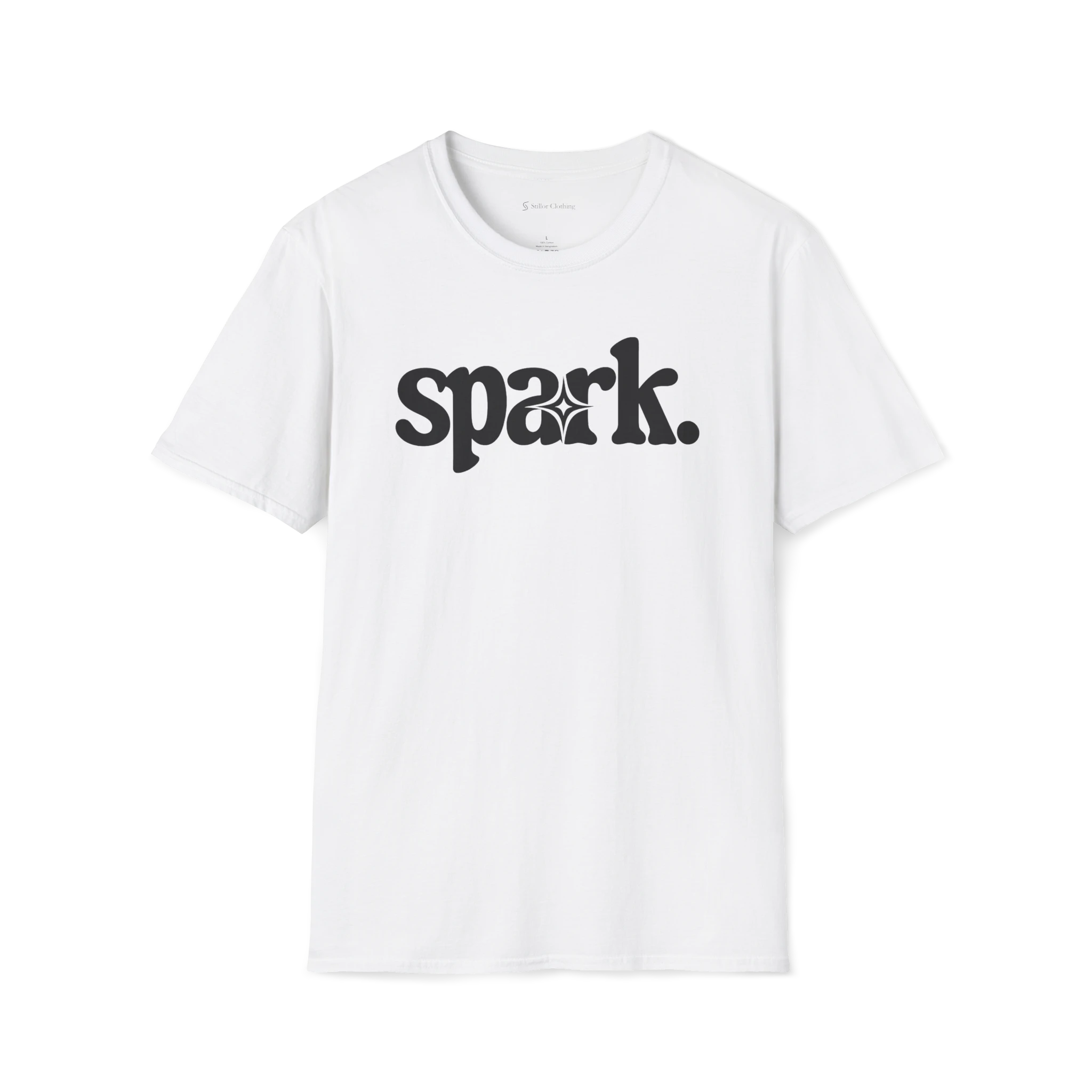 White Spark T-Shirt, front view with bold black spark wordmark and star detail