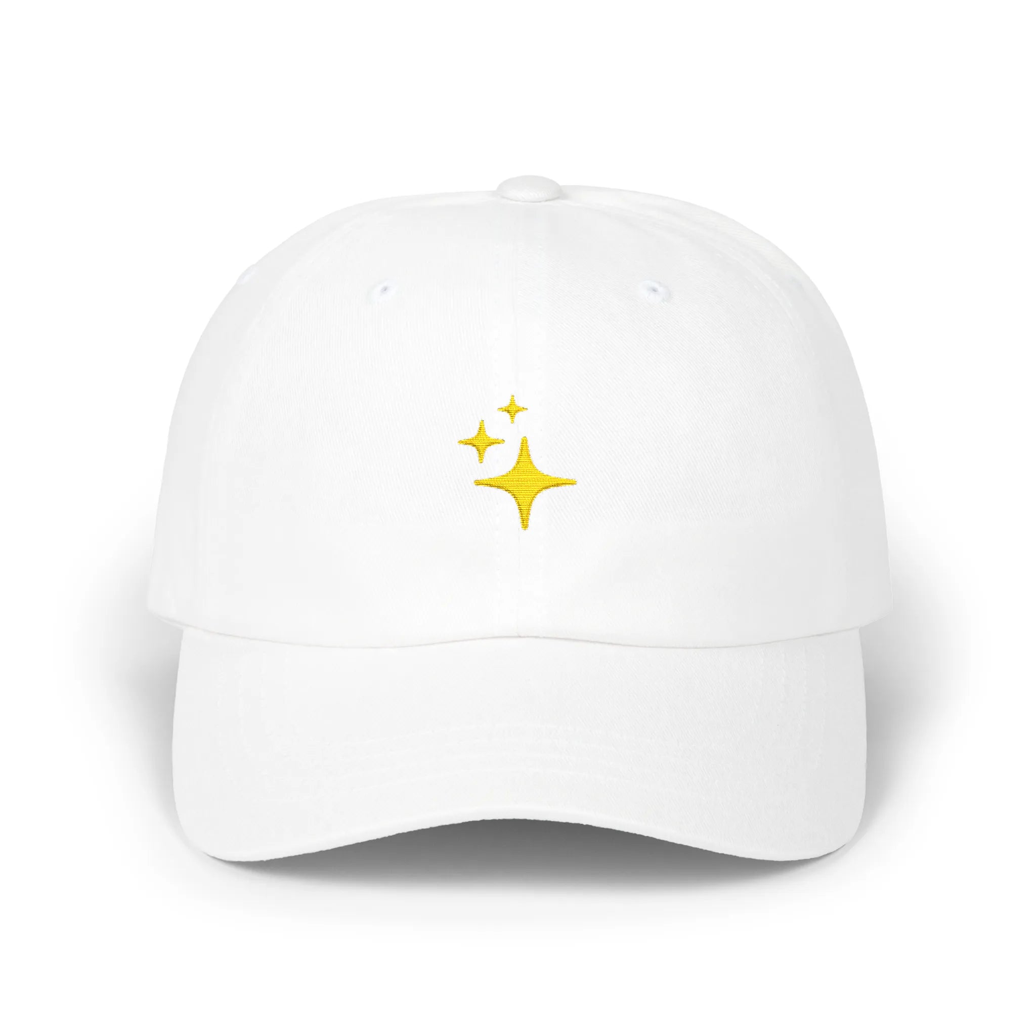 White sparkles baseball cap, front view with three small yellow sparkle embroideries