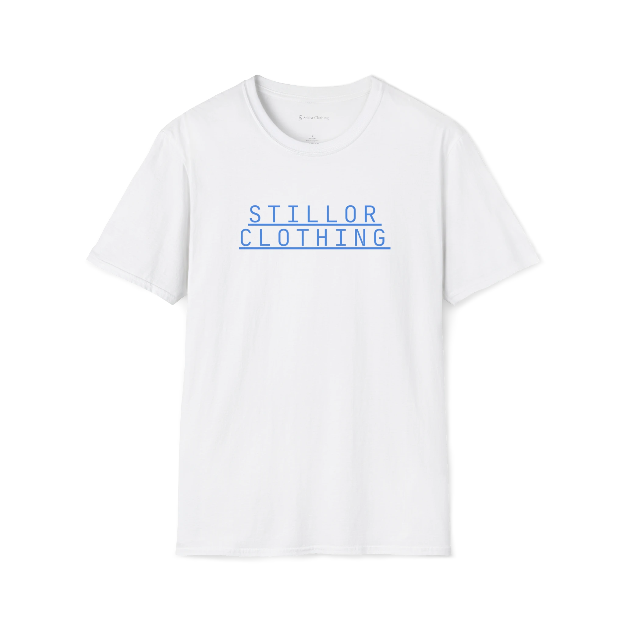 White Stacked T-Shirt, front view with blue Stillor Clothing stacked wordmark print