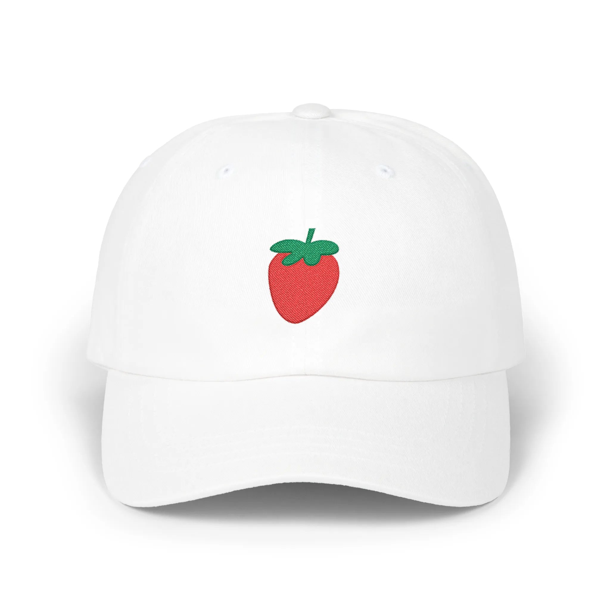 White strawberry baseball cap, front view with red strawberry and green leaf embroidery