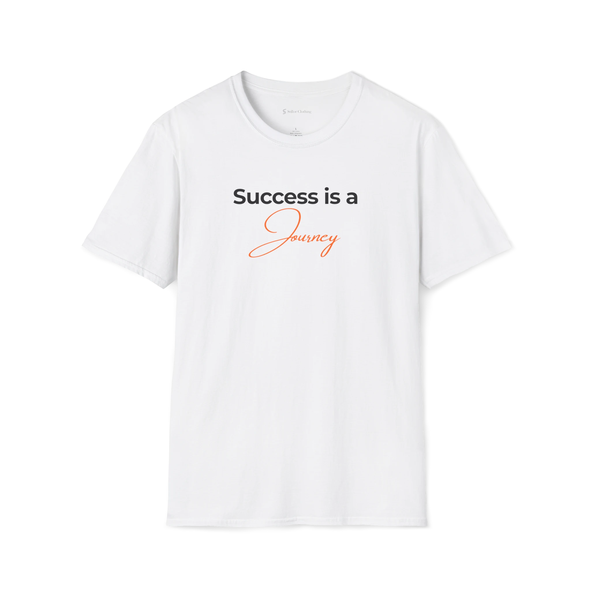 White Success Is A Journey T-shirt, front view with black and orange typography design