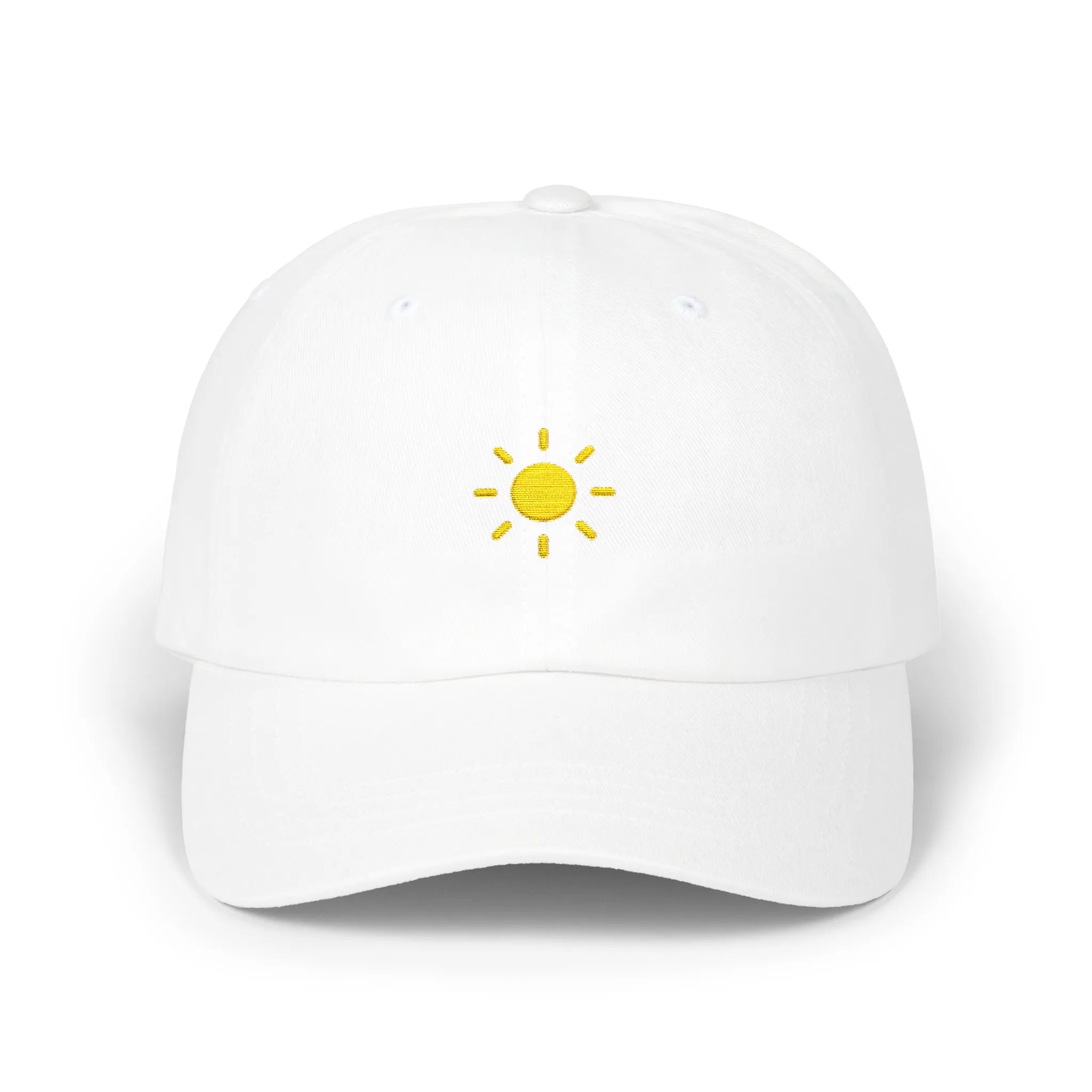 White sun baseball cap, front view with small yellow sun embroidery at center