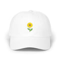White sunflower baseball cap, front view with small yellow sunflower embroidery at center