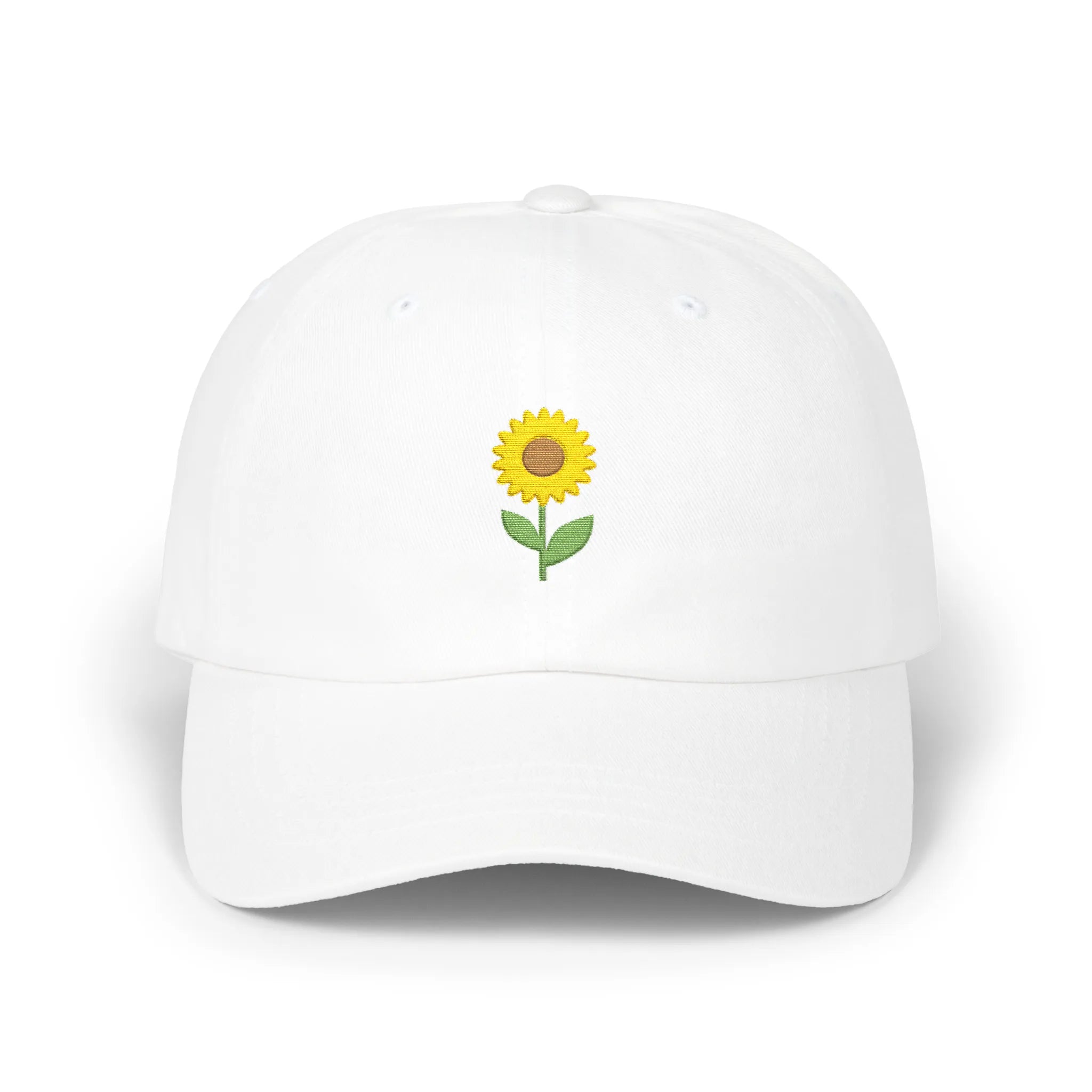 White sunflower baseball cap, front view with small yellow sunflower embroidery at center