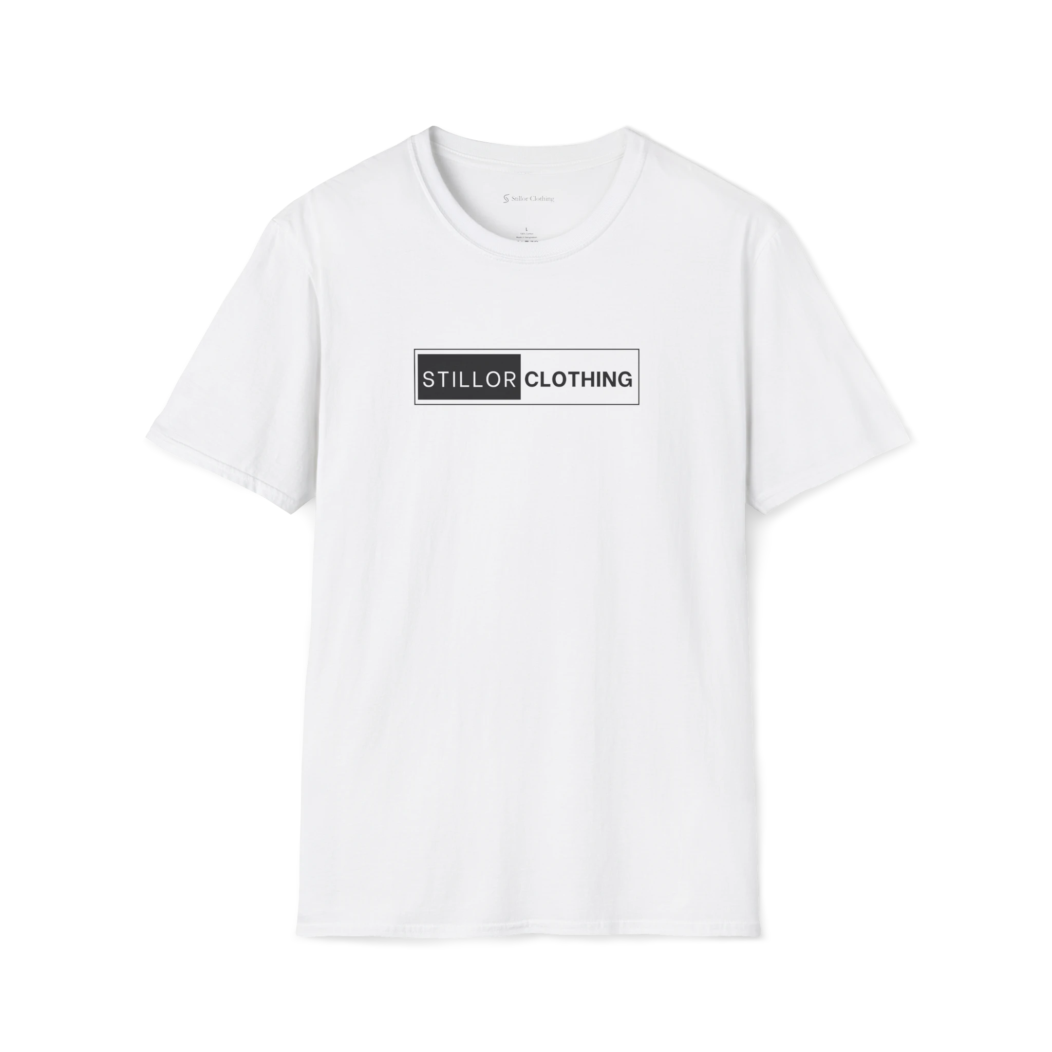 White The Contrast t-shirt, front view with boxed Stillor Clothing logo print.