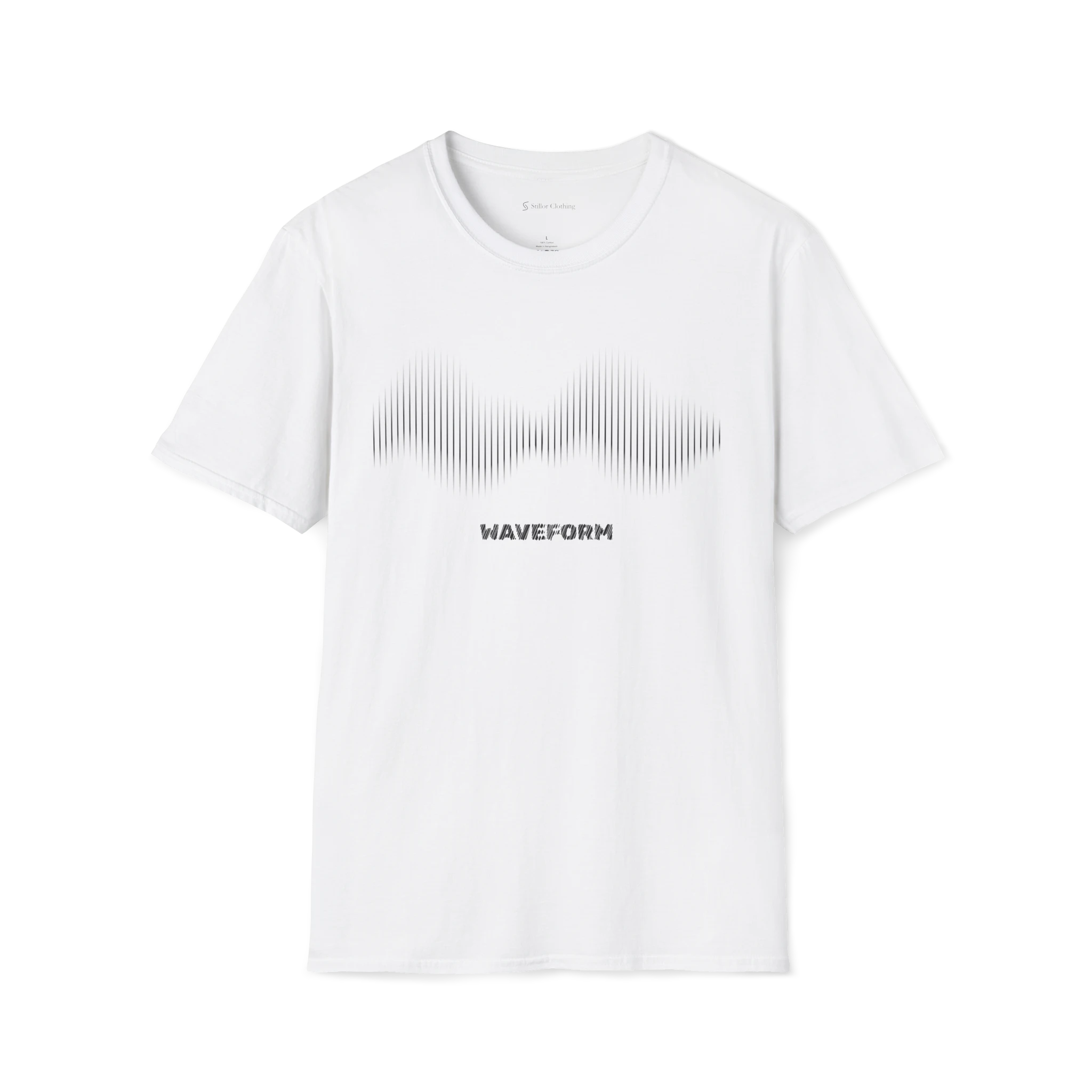 White Waveform T-Shirt, front view with sound wave line graphic